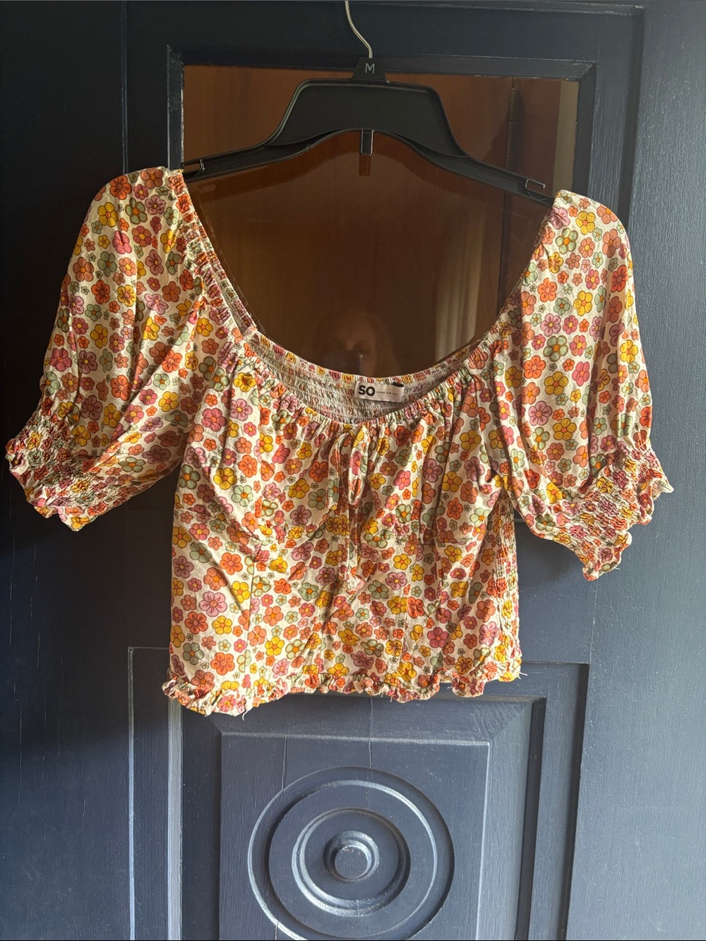Floral Tie-Front Puff Sleeve Crop Top in fall colors medium